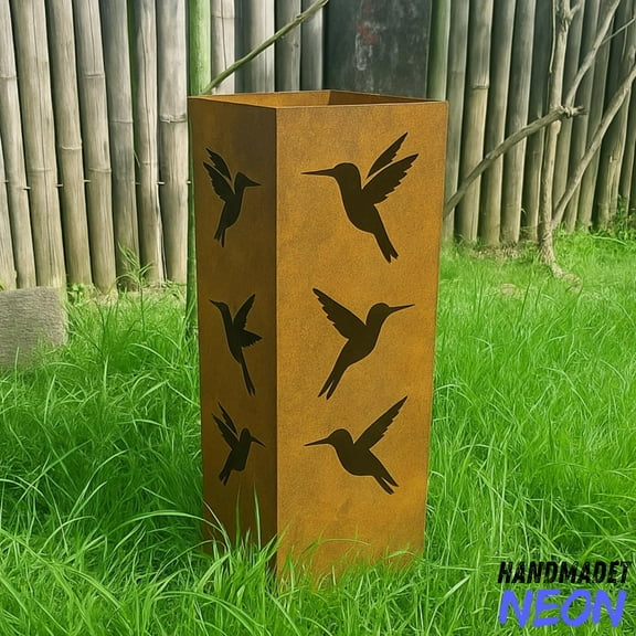 Handmadetneonsign Metal Hummingbird Metal Garden Column, Outdoor Plant Stand, Modern Garden Sculpture 136494