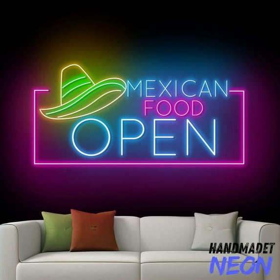 Handmadetneonsign Mexican Food Open Neon Sign, Mexican Sombrero Hat Led Sign, Kitchen Wall Art, Restaurant Wall Decor 77078