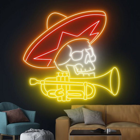 Handmadetneonsign Mexican Skeleton Playing Trumpet Led Sign, Custom Mexican Skeleton Neon Sign