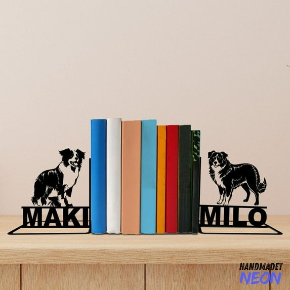 Handmadetneonsign Miniature American Shepherd Metal Bookends, Dog Name Bookend, Table Bookshelf Decor 73357