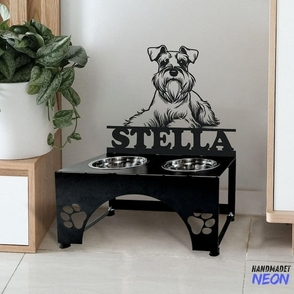 Handmadetneonsign Miniature Schnauzer Dog Metal Bowl Holder, Dog Food Bowl Stand, Pet Bowls Stand 96340