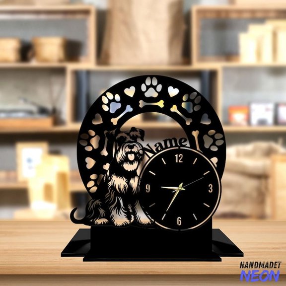 Handmadetneonsign Miniature Schnauzer Dog Tabletop Metal Clock, Miniature Schnauzer Dog Desktop Clock 91950