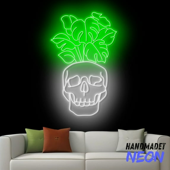 Handmadetneonsign Monstera Skull Neon Sign, Monstera Plant Led Sign, Plant Lover Wall Decor, Monstera Leaf Art Sign 79265