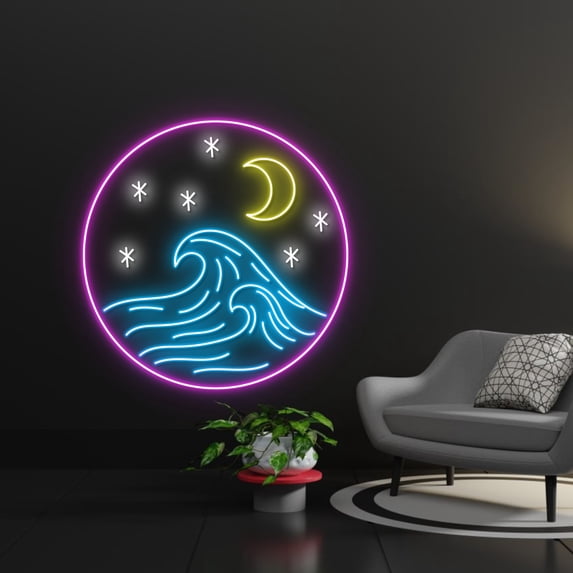 Handmadetneonsign Moon Wave With Stars Led Sign, Moon Wave Neon Sign ...