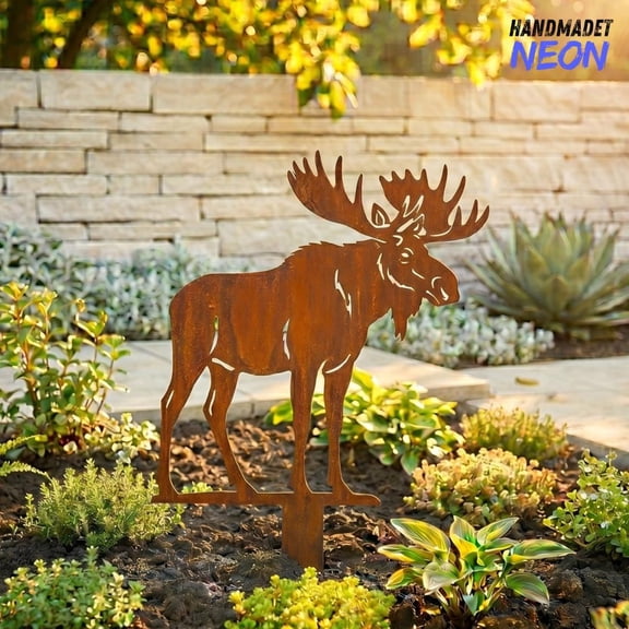 Handmadetneonsign Moose Metal Garden Stake, Rustic Outdoor Yard Art Decor