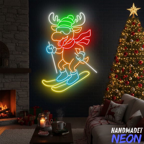 Handmadetneonsign Moose Skiing Neon Sign, Moose Neon Sign, Gift For Skier, Christmas Home Decor