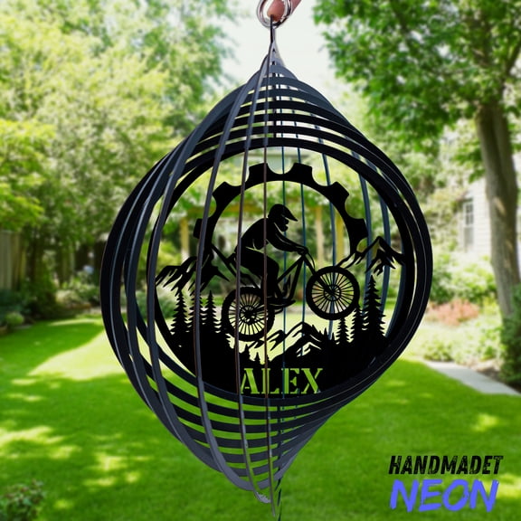 Handmadetneonsign Mountain Bike Metal Wind Spinner, Custom Hanging Spinner with Name, Garage Decor, 140576