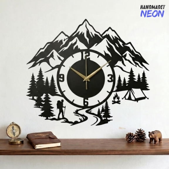 Handmadetneonsign Mountain Hiking Metal Wall Clock, Camping Gift for Nature Lovers