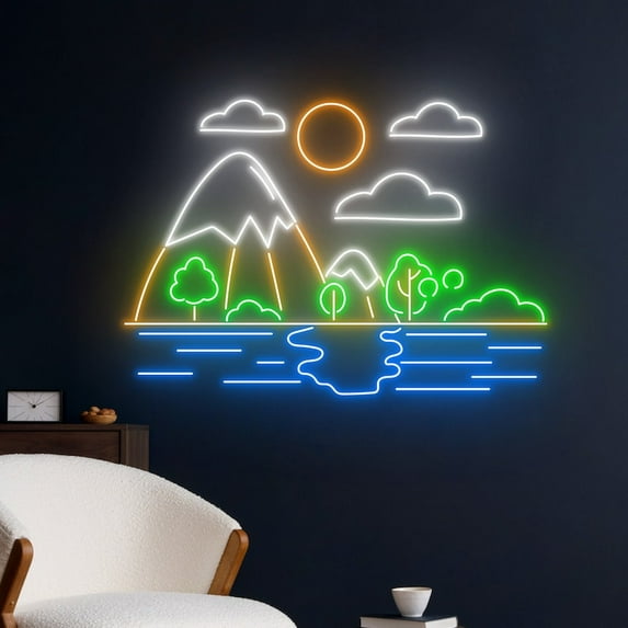 Handmadetneonsign Mountain Neon Sign, Tree Led Sign, Hill Led Light, Sun Neon Light,Room Wall Decor