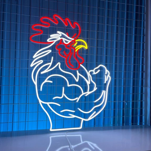 Handmadetneonsign Muscular Rooster Neon Sign, Bodybuilding Wall Art Decor, Workout Trainer Room Wall Decor