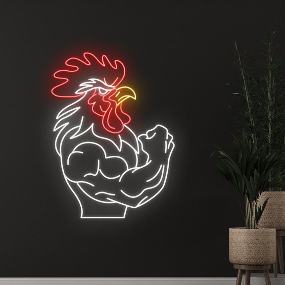 Handmadetneonsign Muscular Rooster Neon Sign, Muscle Rooster Neon Light, Gym Chicken Led Light