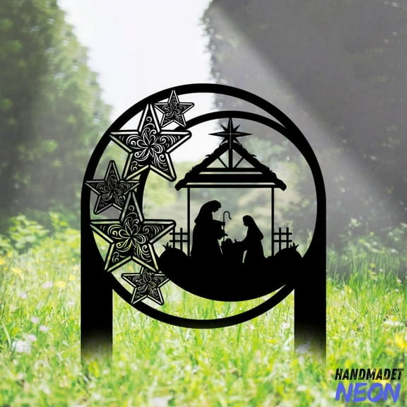 Handmadetneonsign Nativity Scene Metal Stake, Merry Christmas Garden Metal Stake, Stake Outdoor Decor 93366