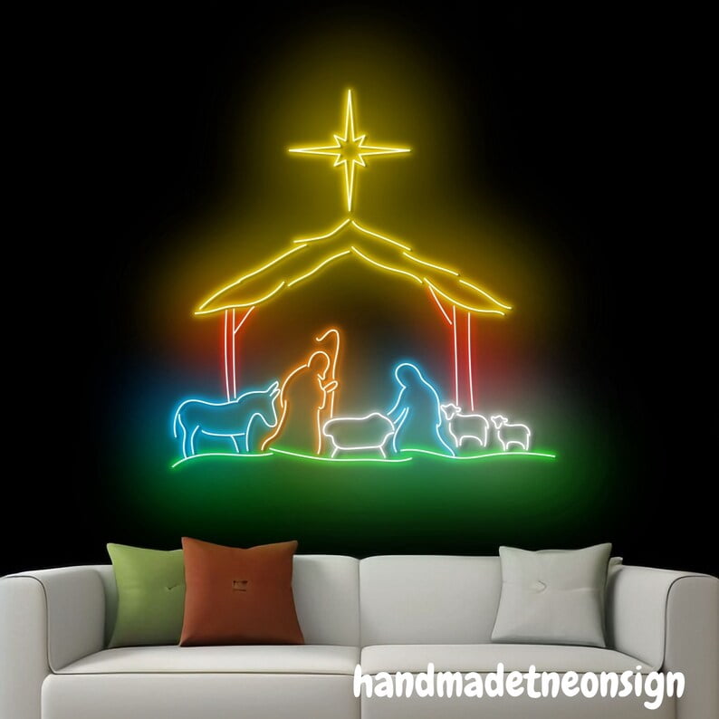 Visual Sign Nativity Handmadetneonsign Nativity Scene Neon Sign, Holy Family Wall Art, Merry ...