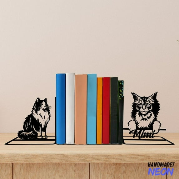 Handmadetneonsign Norwegian Forest Cat Metal Bookends, Cat Name Bookend, Cat Table Bookshelf Decor 045282