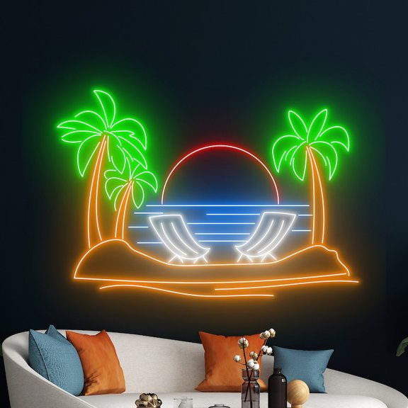 Handmadetneonsign Ocean Palm Tree Wall Art, Beach Sunset Wall Decor, Hello Summer Wall Decor