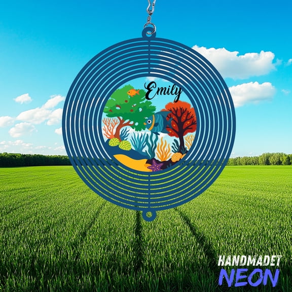 Handmadetneonsign Ocean Wind Spinner, Custom Name Underwater Sea Life Garden Decor, Hanging Spinner 140591