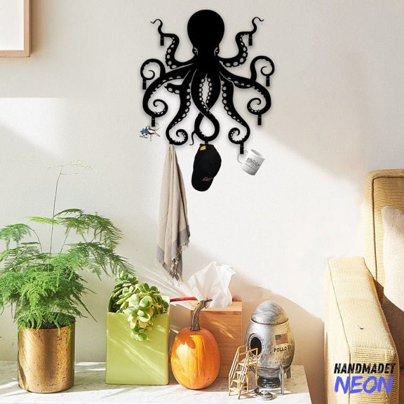 Handmadetneonsign Octopus Coat Rack Wall Hanger, Octopus Metal Wall Hooks, Ocean Animal Keys Holder Home Decor 75130