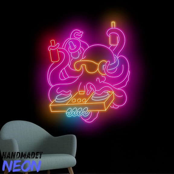 Handmadetneonsign Octopus DJ Neon Sign, DJ Octopus Led Sign, Sea Animal Wall Art, Home Wall Decor 91298