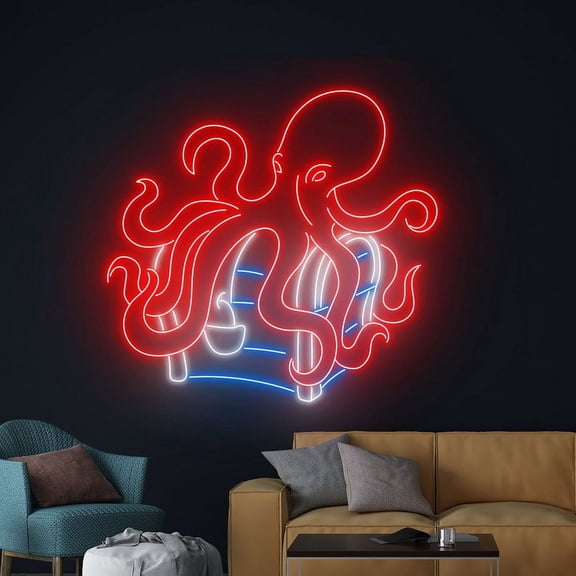 Handmadetneonsign Octopus Guard Treasure Neon Sign, Octopus Led Wall Art Decor, Octopus Wall Decor