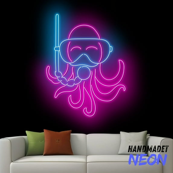 Handmadetneonsign Octopus with Scuba Neon Sign, Octopus Snorkeling Wall Art, Octopus Ocean Animal Wall Decor 77571