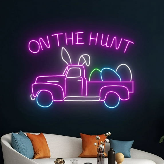 Handmadetneonsign On The Hunt Easter Truck Neon Sign, Egg Truck Led Sign, Easter Truck Neon Light