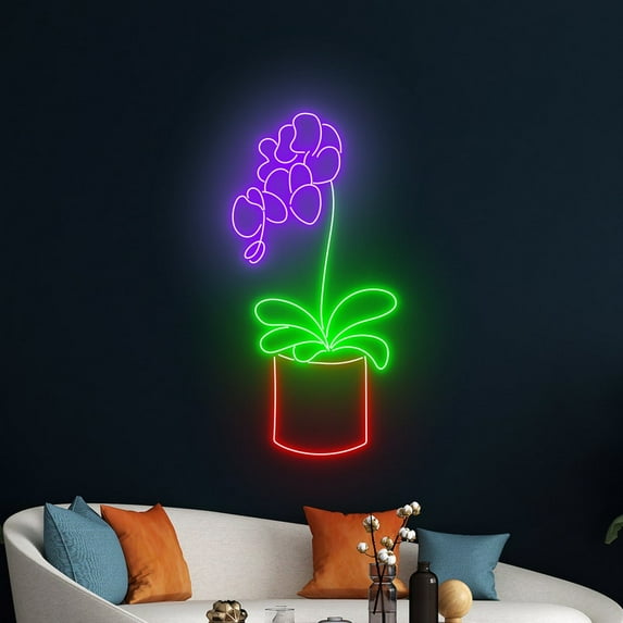 Handmadetneonsign Orchid Pot Led Sign, Orchid Flower Neon Sign, Orchid Plant Floral Neon Light
