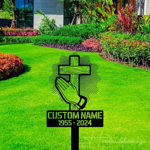 Handmadetneonsign Outdoor Memorial Jesus Cross Praying Hand Metal Sign With Stakes, Praying Cross