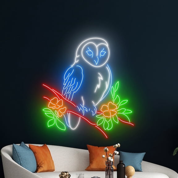 Handmadetneonsign Owl Bird Flower Wall Art, Owl Bird Wall Decor, Owl Flower Wild Life Wall Decor