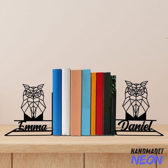 Handmadetneonsign Owl Geometric Metal Bookends, Owl Bird Name Bookend, Owl Table Bookshelf Decor 042658
