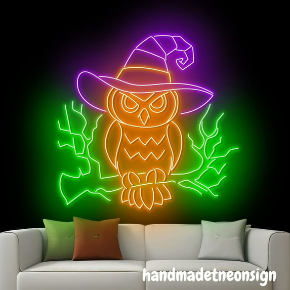 Handmadetneonsign Owl Halloween Neon Sign, Owl Horror Halloween Led light, Halloween Wall Art Decor 68308