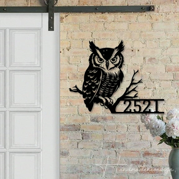 Handmadetneonsign Owl House Number Metal Wall Art LED Light - Personalized Sign Home Decor 44728