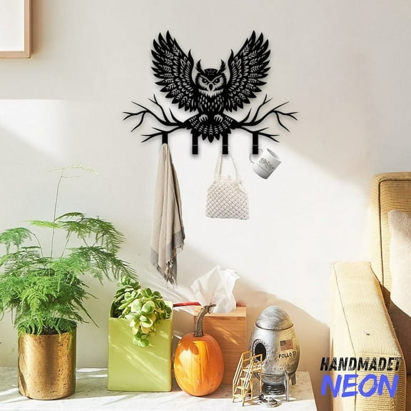 Handmadetneonsign Owl On Branch Coat Rack Wall Hanger, Owl Metal Wall Hooks, Owl Keys Holder Home Decor 74690