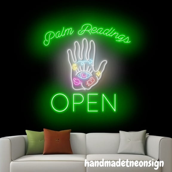 Handmadetneonsign Palm Readings Open Neon Sign, Palm Reader Wall Art, Palm Reading Wall Decor 040602