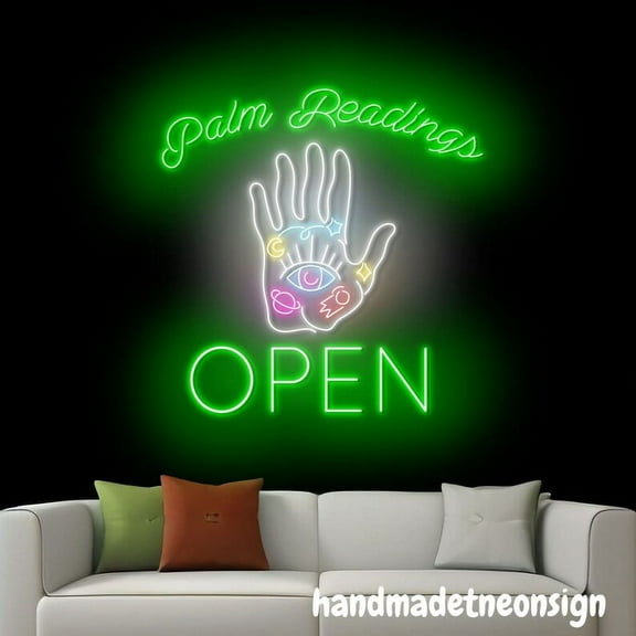 Handmadetneonsign Palm Readings Open Neon Sign, Palm Reader Wall Art, Palm Reading Wall Decor 040602