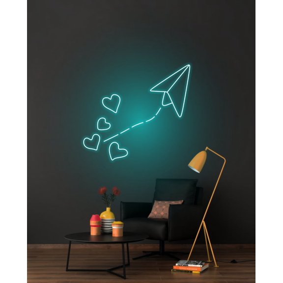 Handmadetneonsign Paper Plane Neon Sign, Heart Fly Airplane Wall Decor, Neon Light Plane, Paper Plane night light lamp Neon Lights For Wall, Wall Décor