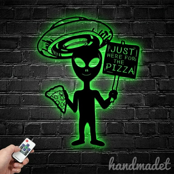 Handmadetneonsign Personalized Alien Eat Pizza Metal Wall Art LED Light, Alien Eat Pizza Metal Sign