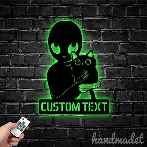Handmadetneonsign Personalized Alien Hugging A Cat Metal Wall Art LED Light, Custom Cat Alien Sign