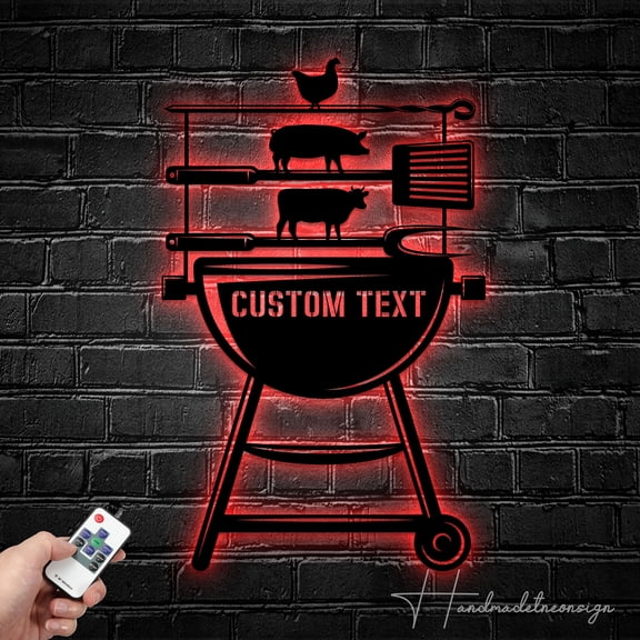 Handmadetneonsign Personalized BBQ Griller Metal Wall Art LED Light - Custom Backyard Grill Sign