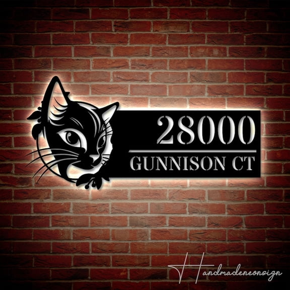 Handmadetneonsign Personalized Cat Home Number Metal Sign, Custom Cool Cat Address Metal Sign