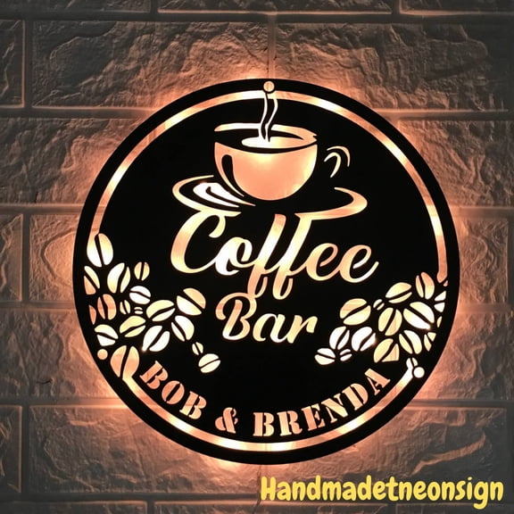 Handmadetneonsign Personalized Coffee Bar Metal Wall Art LED Light - Personalized Coffee Lover Name