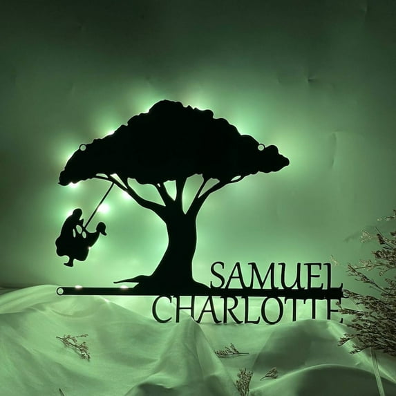 Handmadetneonsign Personalized Couple Playing Under Tree Swing Metal Wall LED Light, Lover Metal