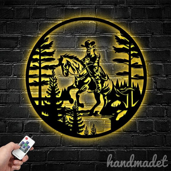 Handmadetneonsign Personalized Cowboy Riding Horse Metal Wall Art LED Light, Custom Western Cowboy
