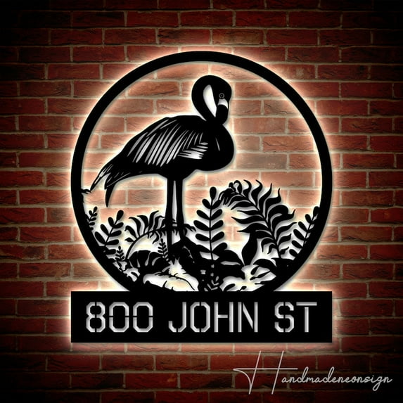 Handmadetneonsign Personalized Flamingo Home Number Metal Sign, Flamingo Address Metal Sign