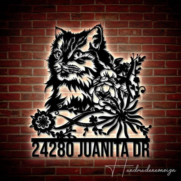 Handmadetneonsign Personalized Floral Cat Home Number Metal Sign, Floral Cat Address Metal Sign