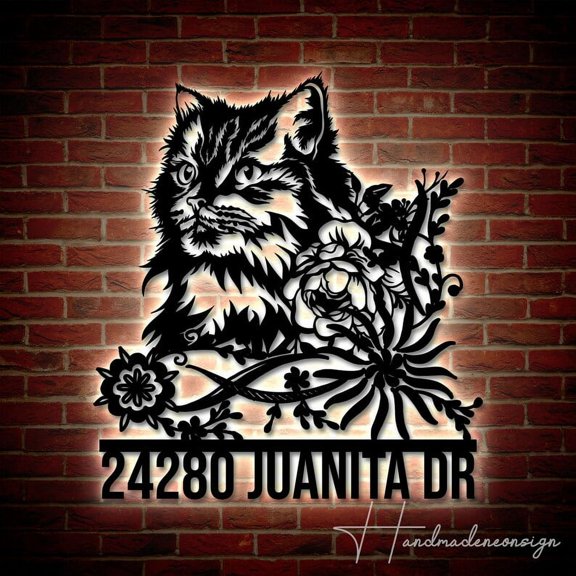 Handmadetneonsign Personalized Floral Cat Home Number Metal Sign, Floral Cat Address Metal Sign