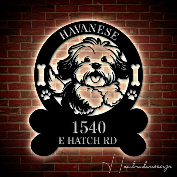 Handmadetneonsign Personalized Havanese Dog Home Number Metal Sign, Havanese Dog Address Metal Sign