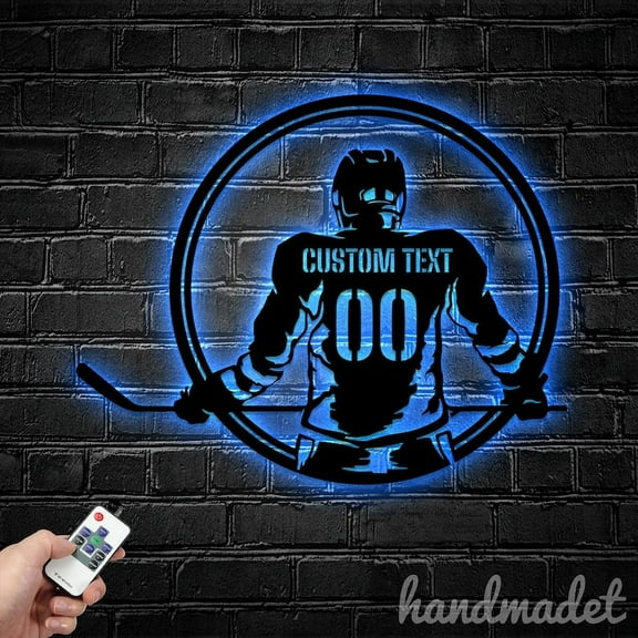 Handmadetneonsign Personalized Hockey Player Metal Wall Art LED Light, Custom Hockey Player Metal
