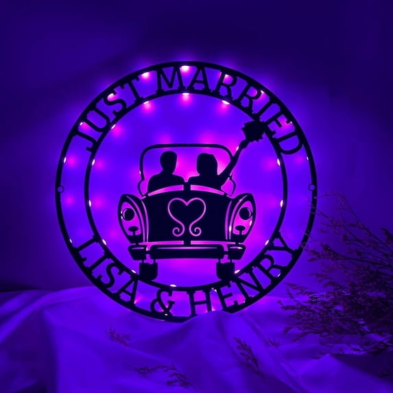 Handmadetneonsign Personalized Just Married Wedding Car Metal Wall Art LED Light, Lover Metal Sign