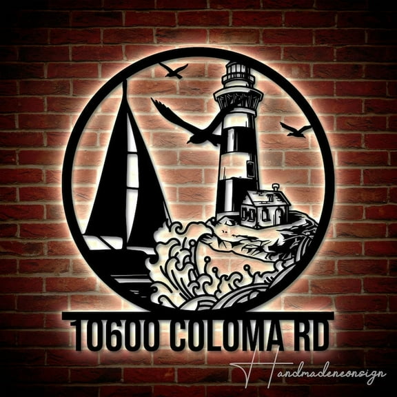 Handmadetneonsign Personalized Lighthouse Home Number Metal Sign, Lighthouse Address Metal Sign