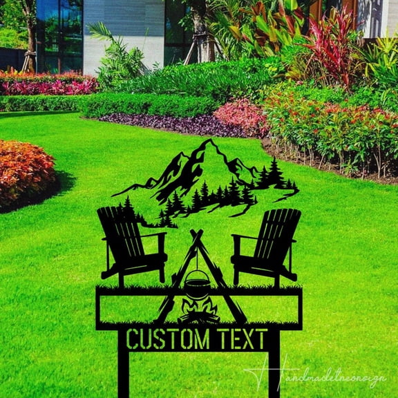 Handmadetneonsign Personalized Outdoor Camping Fire Name Metal Sign With Stakes, Garden Yard Decor